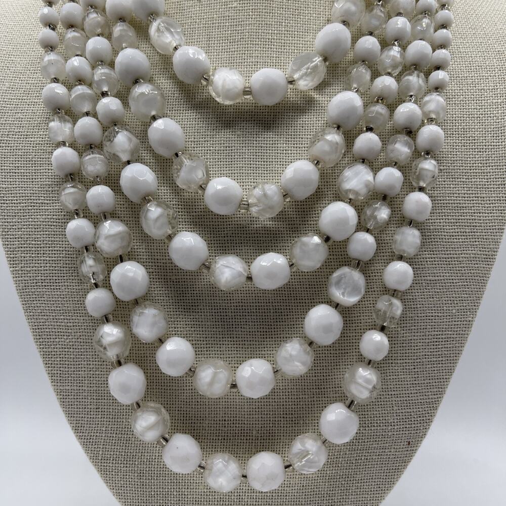 W. Germany Opalescent Glass White Bead 5 Strand Necklace Signed Vintage Jewelry